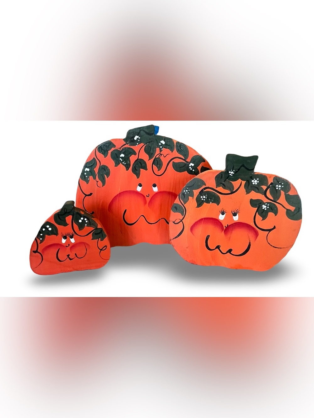 Vintage Pumpkin Trio Hand-Painted Fall Halloween Mantel Bookshelf Decor 6.5”